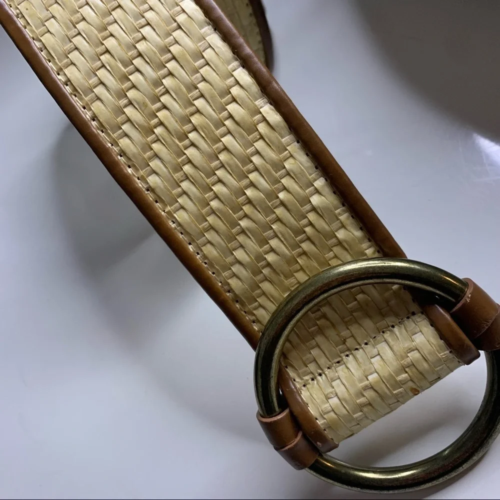 Bohemian wicker weave thick circle brass buckle belt women’s large